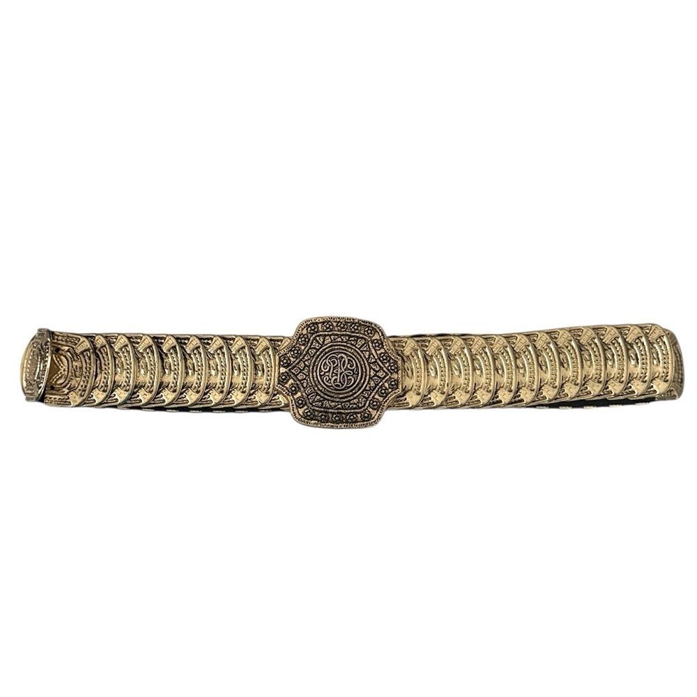Vintage Gold Black Ornamental Metal Elastic Belt 31" Small